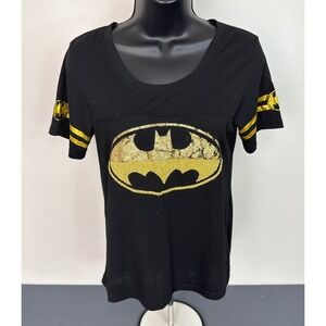 Batman Women's Graphic Logo Print Scoop Neck T-Shirt Black Size Small FLAW